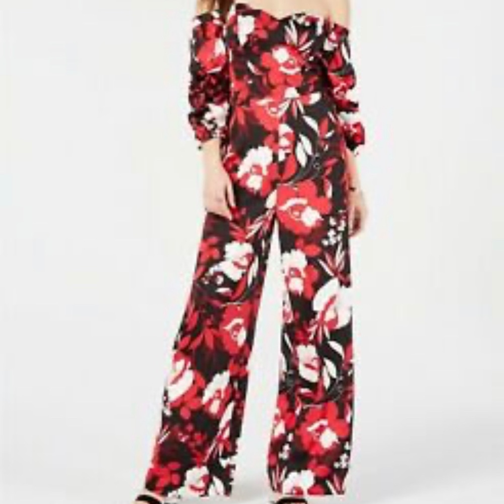 Guess Floral Off-Shoulder Jumpsuit - Red and Black